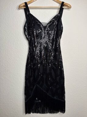 BABEYOND Black Sequin Fringe Flapper Dress Cutout Back Sz M Gatsby 20’s
